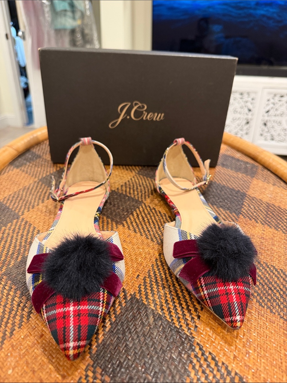 J. Crew Red Plaid Pointed Toe Flats with Black Pom-Pom and Burgundy Bow